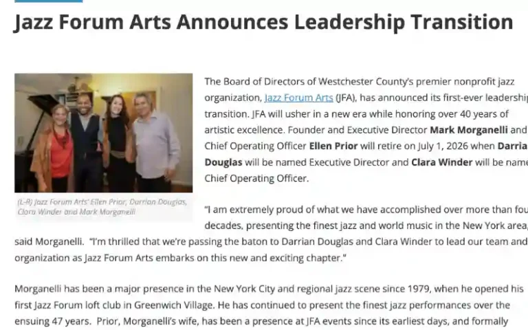 Jazz Forum Arts Announces Leadership Transition